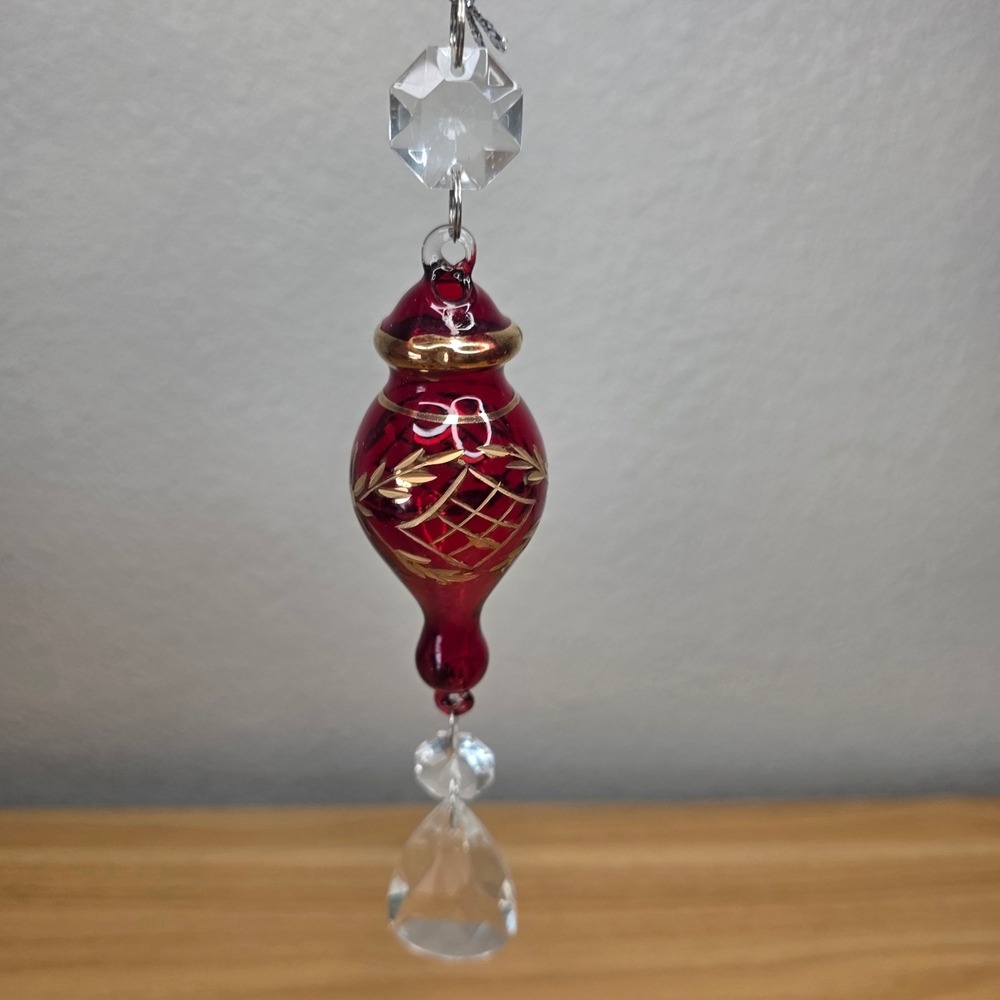 Egyptian Hand Blown Red Glass Finial Ornament Gold Accents Hanging Teardrop